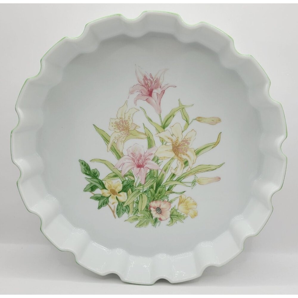 Vintage Shafford Jade Lily Quiche Tart Dish Plate Porcelain Lilies Green Rim